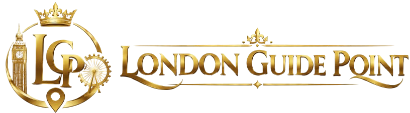 London Guide Point gold logo with crown, Big Ben and London Eye on black background